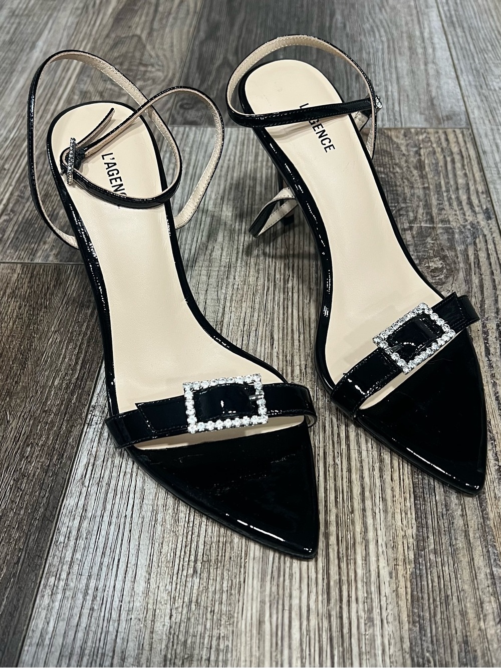 L'AGENCE Black Patent Pointed Toe Crystal Buckle Heels